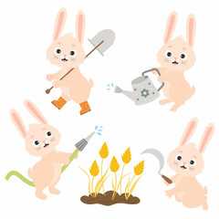Set funny rabbits. Cute characters farmers - bunny waters from garden watering can and from hose, harvests grain spikelets with sickle and goes with shovel. Vector illustration. Isolated elements