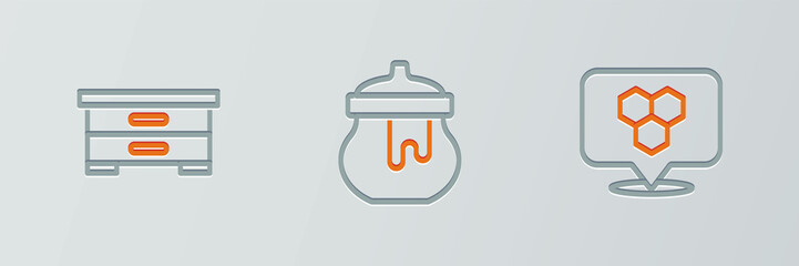 Set line Honeycomb bee location, Hive for bees and Jar of honey icon. Vector