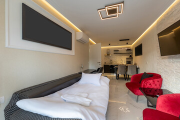 Interior of a luxury hotel apartment with marble floor