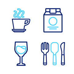 Set line Fork, spoon and knife, Wine glass, Online ordering delivery and Coffee cup icon. Vector
