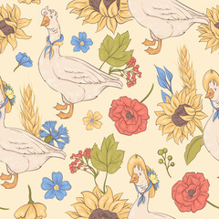 Seamless pattern with Ukrainian flowers and geese