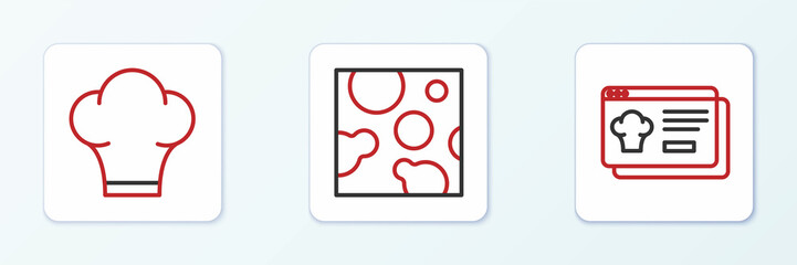 Set line Online ordering and delivery, Chef hat and Cheese icon. Vector