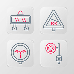 Set line Stop sign with camera, Fork in the road, Steep ascent and descent and Road barrier icon. Vector