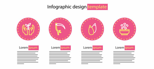 Set line Seed, Seeds in bowl, Scythe and Plant hand icon. Vector