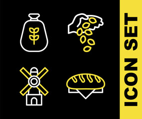 Set line Seed, Bread loaf, Windmill and Bag of flour icon. Vector