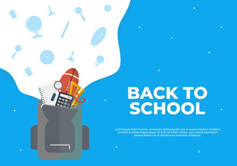 Back to school education background with bag full of stationery, calculator, ruler and knife isolated on blue white color.