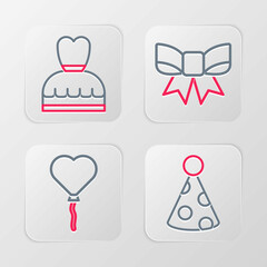 Set line Party hat, Balloons in form of heart, Gift bow and Woman dress icon. Vector
