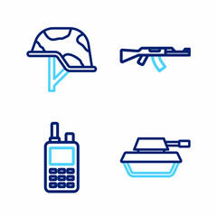 Set line Military tank, Walkie talkie, Submachine gun and helmet icon. Vector