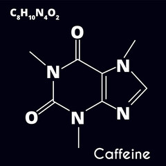 Caffeine molecule isolated on black and white background. Recreational drug. Vector illustration.