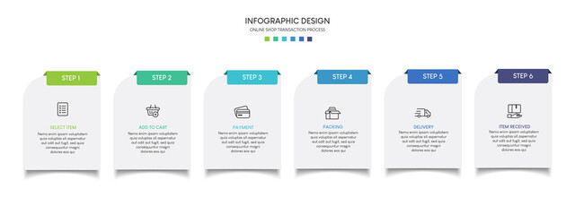 Process of online shopping with 6 steps. Steps business timeline process infographic template