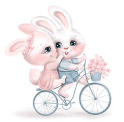Cute couple white rabbit ride a bike. Two watercolor baby hares - bunny boy and girl on bicycle with flowers. Cartoon hand drawn illustration for wedding, anniversary, birthday, valentine's day card - 516725038