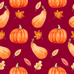 Red watercolor autumn pumpkin pattern. Vector illustration