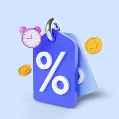 3d rendering of price tag label with percentage, Cash Back concept, people getting cash prizes and gifts from online shopping, isolated on blue background