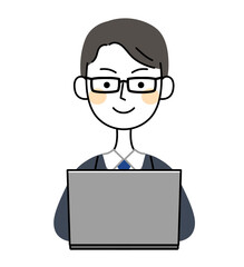 パソコンを操作する眼鏡のビジネスマン　イラスト素材