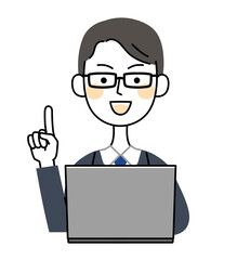 眼鏡のビジネスマン　パソコン　指差し　イラスト素材