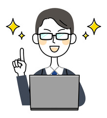 眼鏡のビジネスマン　パソコン　指差し　イラスト素材
