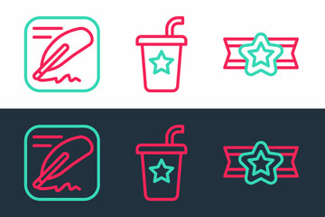 Set line Star American military, Declaration of independence and Paper glass with straw icon. Vector