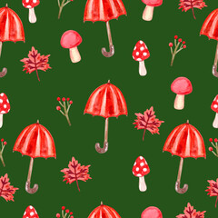 Watercolor autumn pattern with red umbrella. Vector illustration