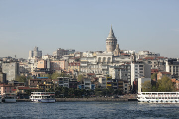 Fototapeta na wymiar Galata district with famous Galata Tower. Medieval Galata Tower is famous landmark of Istanbul. Scenery of old historical place, panorama of Beyoglu district and ships on Golden Horn. Istanbul, Turkey