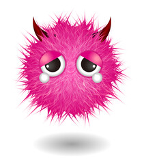 Hairy monster with pink fluffy hair. Vector cute furry ball character.