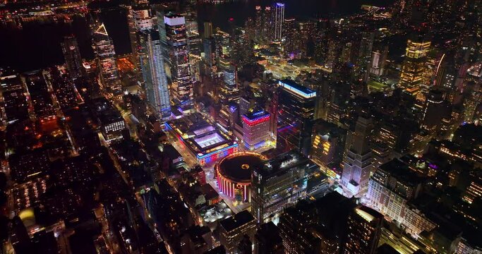 Dazzling sight of stunning New York architecture at night. Top view scenery of Midtown Manhattan from air.