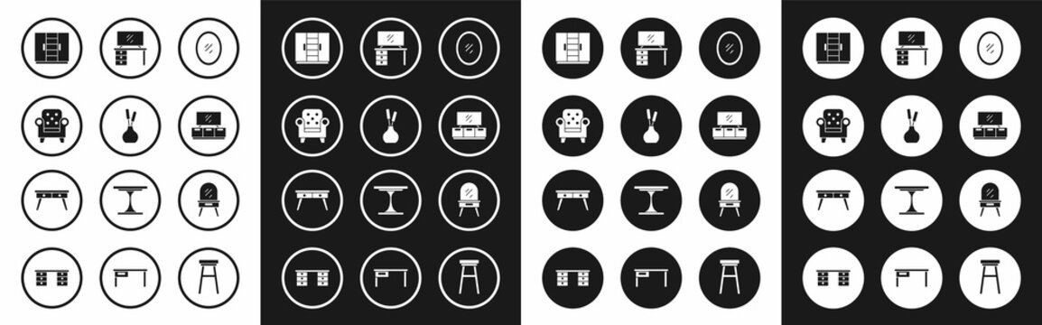 Set Mirror, Vase, Armchair, Wardrobe, TV table stand, Dressing and Office desk icon. Vector