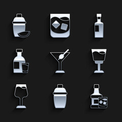 Set Martini glass, Cocktail shaker, Whiskey bottle and, Wine, Bottle of vodka with, and lime icon. Vector