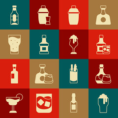 Set Glass of beer, Whiskey bottle and glass, Cocktail shaker, Beer and icon. Vector