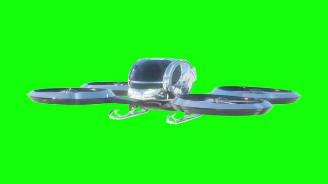 A white unmanned passenger drone taxi flying. 3D render  loop animation on green background