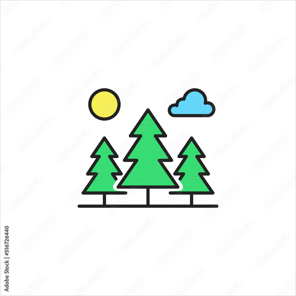 Poster trees and clouds with sun outline icon. high quality coloured vector illustration..