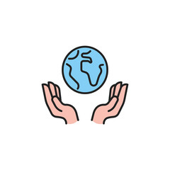 Save the planet. Hands holding globe, earth icon. High quality coloured vector illustration..