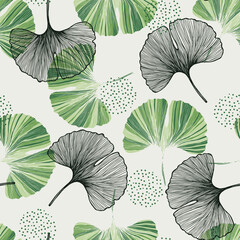 Seamless pattern of gingko leaf. An endless pattern of green leaves. For wrapping paper. Ideal for wallpaper, surface textures, textiles. - obrazy, fototapety, plakaty