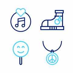Set line Necklace with peace symbol, Smile face, Sneakers and Vinyl disk icon. Vector