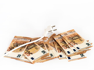 Euro banknotes on a white background with a white electric cord. Electricity tariffs have increased