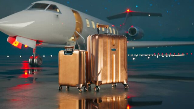 Golden suitcases standing on an airstrip in front of a private jet during night