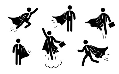 Superhero business pictogram man icon set. Superhero businessman flying stick figure. Victory worker, employer pictogram person. Vector illustration.