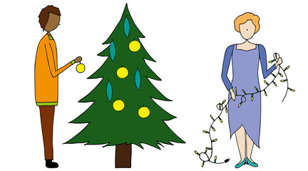 Man and woman with a christmas tree