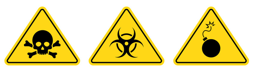 Danger toxic, poison, toxic, biohazard caution sign. Skull, virus, chemical danger yellow triangle symbol element. Vector illustration
