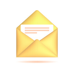 Yellow open envelope with a letter. New message 3d vector icon for mobile app, web site, social media isolated on white background.