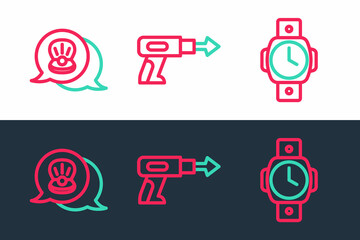 Set line Diving watch, Scallop sea shell and Fishing harpoon icon. Vector