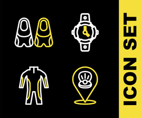 Set line Diving watch, Scallop sea shell, Wetsuit for scuba diving and Flippers swimming icon. Vector
