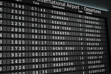 Airport flight time table. Close up screen with flight departure board. Flights are cancelled or delayed. International airport, tourism and travel concept. 3D illustration