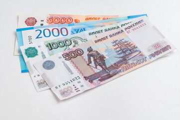 Russian rubles background. Money background and texture. Banknotes of different denominations