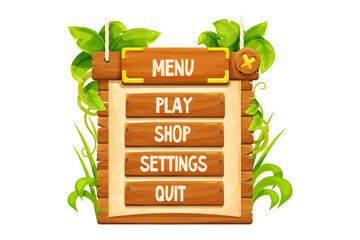 Game menu Jungle frame with wooden planks, old paper, rope, decorated plants and leaves in comic cartoon style isolated on white background. Tribal, rural clip art. Ui game asset. - obrazy, fototapety, plakaty
