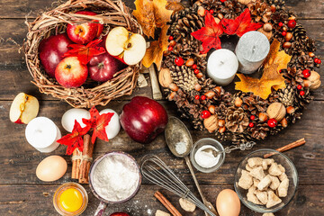 Autumn baking concept. Kitchen utensil, set of ingredients, seasonal decor