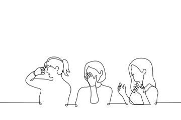 women are disgusted - one line drawing vector. concept sitting girls are unpleasantly shocked and try not to look at something