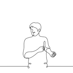 man stands rolling up his sleeves - one line drawing vector. concept get ready for business, with bare hands