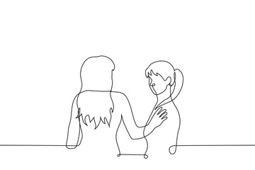 woman put her hand on her friend's shoulder - one line drawing vector. concept female solidarity, female friendship, comfort and psychological support - obrazy, fototapety, plakaty