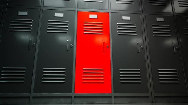 Single, unique, red, metal locker on a school corridor. Different colour. 4K