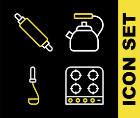 Set line Kettle with handle, Gas stove, Kitchen ladle and Rolling pin icon. Vector